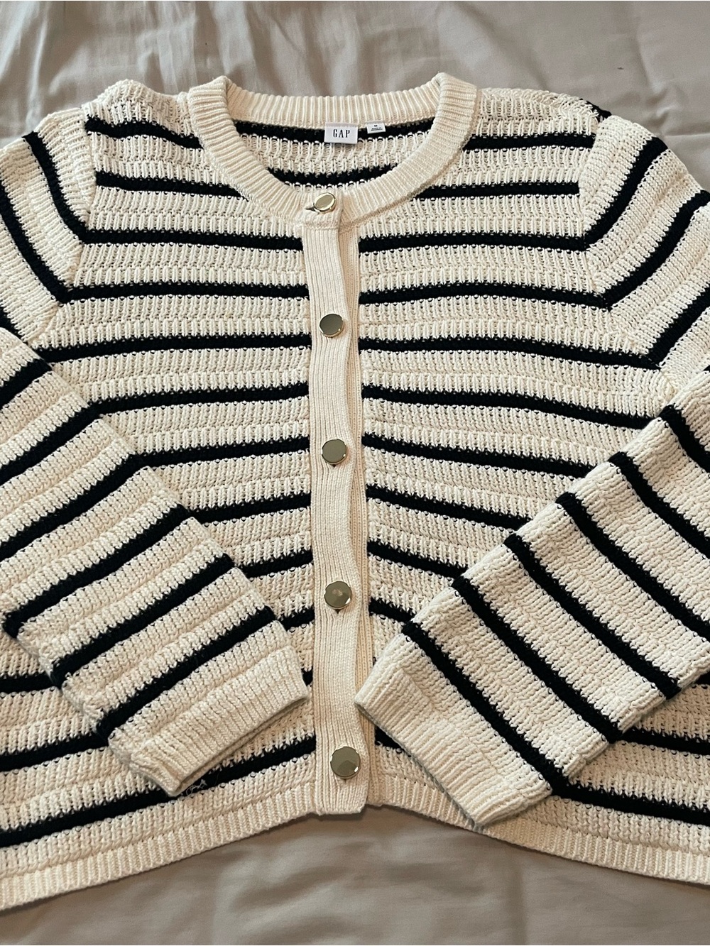 GAP Cream and Black Striped Button-Front Cardigan Size M Like New